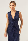 Sparkly Navy Bainha V-Neck Sequins Chá Comprimento Vestido de Baile com Fenda