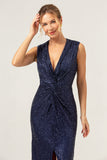 Sparkly Navy Bainha V-Neck Sequins Chá Comprimento Vestido de Baile com Fenda