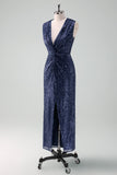 Vestido de coro franzido de lantejoulas azul-marinho brilhante com fenda