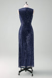 Vestido de coro franzido de lantejoulas azul-marinho brilhante com fenda