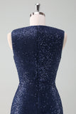 Vestido de coro franzido de lantejoulas azul-marinho brilhante com fenda