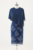 Vestido Midi de Coro de Gola Redonda em Chiffon Azul-Marinho com Wrap
