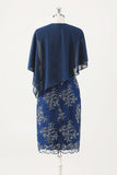 Vestido Midi de Coro de Gola Redonda em Chiffon Azul-Marinho com Wrap