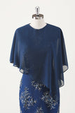 Vestido Midi de Coro de Gola Redonda em Chiffon Azul-Marinho com Wrap