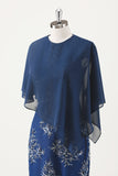 Vestido Midi de Coro de Gola Redonda em Chiffon Azul-Marinho com Wrap