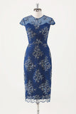 Vestido Midi de Coro de Gola Redonda em Chiffon Azul-Marinho com Wrap