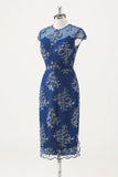 Vestido Midi de Coro de Gola Redonda em Chiffon Azul-Marinho com Wrap