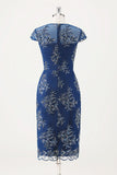 Vestido Midi de Coro de Gola Redonda em Chiffon Azul-Marinho com Wrap