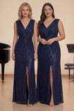 Vestido de coro franzido de lantejoulas azul-marinho brilhante com fenda