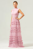 Blush A-Line babado Chiffon longo vestido de dama de honra com costas abertas