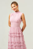 Blush A-Line babado Chiffon longo vestido de dama de honra com costas abertas