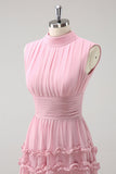 Blush babado Chiffon A-Line vestido de dama de honra com costas abertas