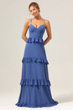 Azul escuro A-Line Spaghetti Straps Tiered Chiffon Long Vestido de dama de honra