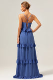 Azul escuro A-Line Spaghetti Straps Tiered Chiffon Long Vestido de dama de honra