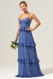 Azul escuro A-Line Spaghetti Straps Tiered Chiffon Long Vestido de dama de honra