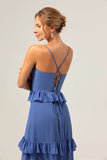 Azul escuro A-Line Spaghetti Straps Tiered Chiffon Long Vestido de dama de honra