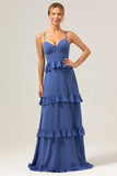 Azul escuro A-Line Spaghetti Straps Tiered Chiffon Long Vestido de dama de honra