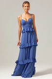 Azul escuro A-Line Spaghetti Straps Tiered Chiffon Long Vestido de dama de honra