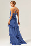 Azul escuro A-Line Spaghetti Straps Tiered Chiffon Long Vestido de dama de honra