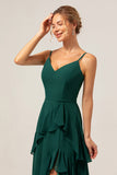 Verde Escuro A-Line Espaghetti Correias Chiffon Vestido Longo Madrinha com Folhos