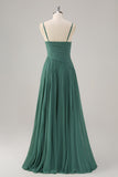 Eucalipto A-Line Espaghetti Straps plissado Chiffon vestido de dama de honra com fenda