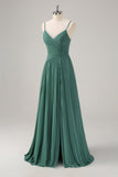 Eucalipto A-Line Espaghetti Straps plissado Chiffon vestido de dama de honra com fenda