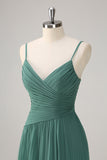 Eucalipto A-Line Espaghetti Straps plissado Chiffon vestido de dama de honra com fenda