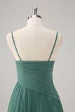 Eucalipto A-Line Espaghetti Straps plissado Chiffon vestido de dama de honra com fenda