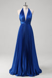 Royal Blue Uma Linha Halter Plissado Vestido Longo Baile