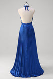 Royal Blue Uma Linha Halter Plissado Vestido Longo Baile