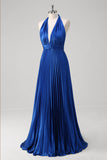 Royal Blue Uma Linha Halter Plissado Vestido Longo Baile