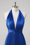 Royal Blue Uma Linha Halter Plissado Vestido Longo Baile