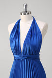 Royal Blue Uma Linha Halter Plissado Vestido Longo Baile