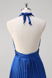 Royal Blue Uma Linha Halter Plissado Vestido Longo Baile