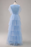 Cinzento Azul A-Line V Pescoço Tiered Tule Vestido Longo Madrinha com Fenda