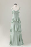 Verde claro A-Line Ruffle Tiered Chiffon Corset Long Bridesmaid Dress