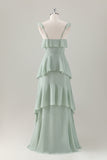 Verde claro A-Line Ruffle Tiered Chiffon Corset Long Bridesmaid Dress