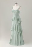 Verde claro A-Line Ruffle Tiered Chiffon Corset Long Bridesmaid Dress