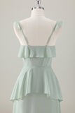 Verde claro A-Line Ruffle Tiered Chiffon Corset Long Bridesmaid Dress