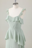 Verde claro A-Line Ruffle Tiered Chiffon Corset Long Bridesmaid Dress