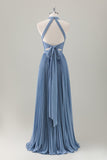 Cinzento Azul A-Line Halter Long Bridesmaid Dress com Fenda