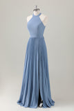 Cinzento Azul A-Line Halter Long Bridesmaid Dress com Fenda