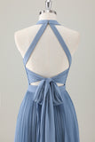 Cinzento Azul A-Line Halter Long Bridesmaid Dress com Fenda