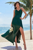 Verde Escuro A-Line Espaghetti Correias Ruched Lace-Up Back Satin Long Bridesmaid Dress