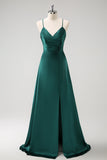 Verde Escuro A-Line Espaghetti Correias Ruched Lace-Up Back Satin Long Bridesmaid Dress