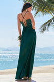 Verde Escuro A-Line Espaghetti Correias Ruched Lace-Up Back Satin Long Bridesmaid Dress