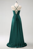 Verde Escuro A-Line Espaghetti Correias Ruched Lace-Up Back Satin Long Bridesmaid Dress