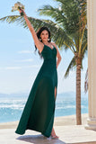 Verde Escuro A-Line Espaghetti Correias Ruched Lace-Up Back Satin Long Bridesmaid Dress