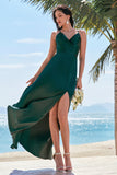 Verde Escuro A-Line Espaghetti Correias Ruched Lace-Up Back Satin Long Bridesmaid Dress