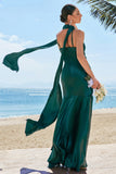 Sereia Verde Escuro Halter Cetim Vestido Longo Madrinha com Streamer